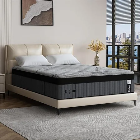 Queen size mattress with 10 year warranty shown in bedroom setup