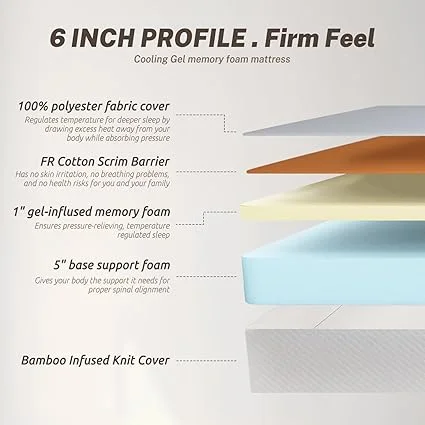 6-inch gel memory foam mattress for pressure relief and cooler sleep