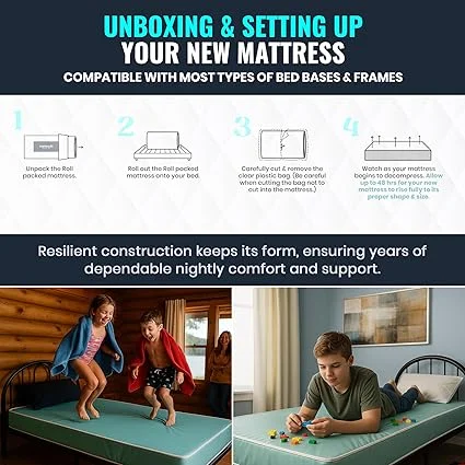 Foam twin mattress with vinyl cover for easy cleaning and maintenance