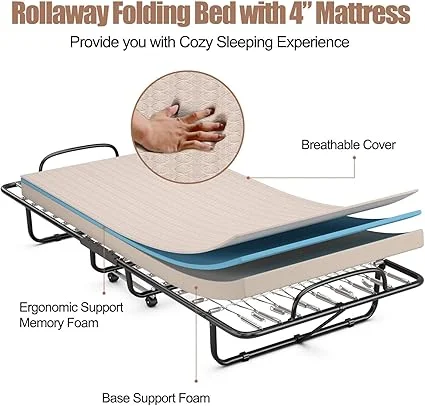 Twin size folding bed made in Italy with beige upholstery