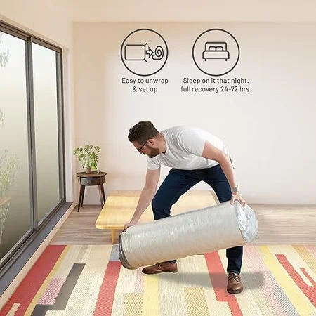 Unboxed Greaton full size blue mattress ready for use
