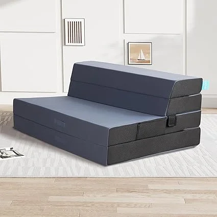 LIKIMIO blue folding mattress fully extended showing handle and fold lines