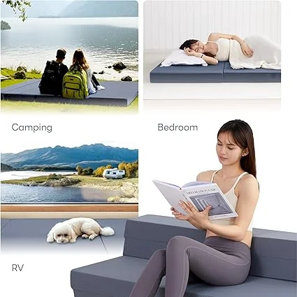 LIKIMIO full size folding mattress set up in bedroom with bedding