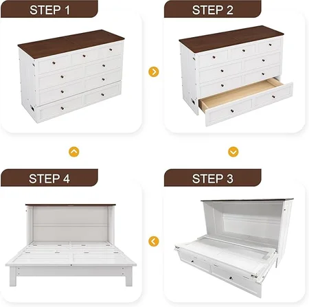 Storage drawer open on MERITLINE Murphy bed showing organization space