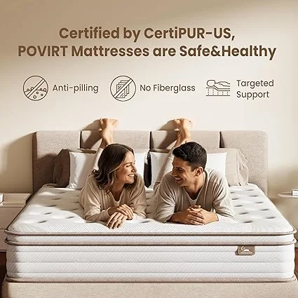 Close-up view of Povirt mattress showing zoned support layers for pressure relief