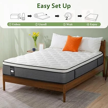 12-inch hybrid queen mattress setup in bedroom with bedding