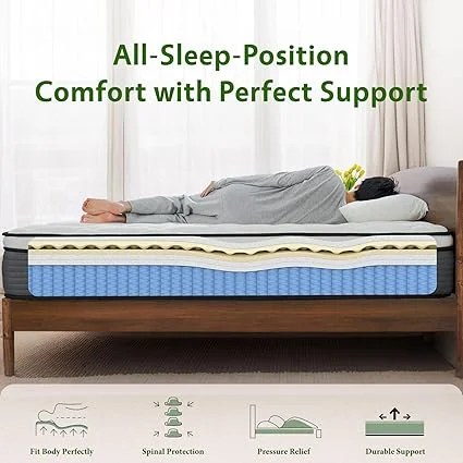Close-up of memory foam and pocket spring construction in queen mattress