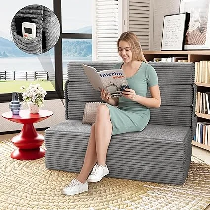 Slumbrae grey corduroy floor mattress sofa bed in living room setting