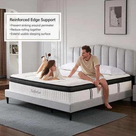 Suiforlun queen mattress properly set up on bed frame in bedroom