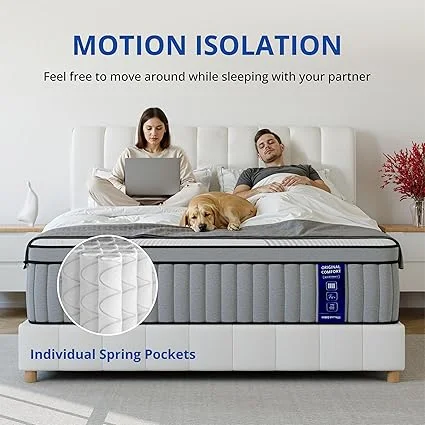 Person testing medium firmness and pressure relief on SynthoSpace hybrid mattress