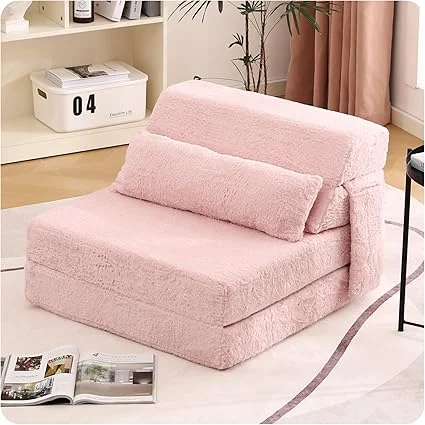 Tiita pink convertible sofa bed folded as couch in living room setting