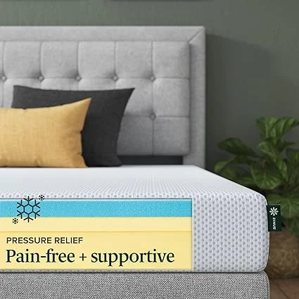 ZINUS cooling gel foam mattress with pressure relief, delivered in a box