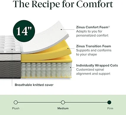 Zinus 80x76 inch king size hybrid mattress showing thickness and support