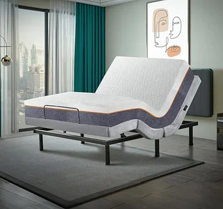 Queen adjustable bed base with gel memory foam mattress in bedroom setting