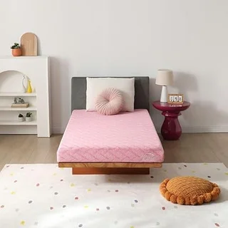 L'Baiet pink cooling memory foam mattress in twin size on bed frame