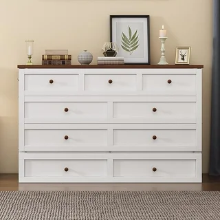 MERITLINE white wood Murphy bed with storage drawer in closed position