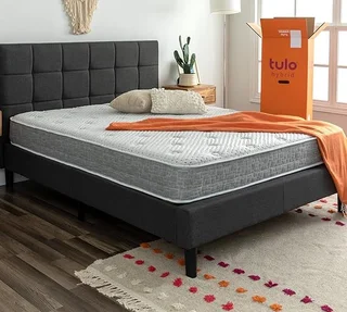 Tulo hybrid mattress with memory foam and coil support in bed-in-a-box packaging